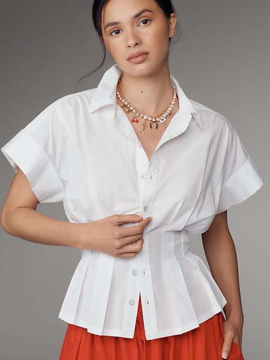 Pilcro Tops - Pilcro White Short-Sleeve Pleated Peplum Button-Front Blouse